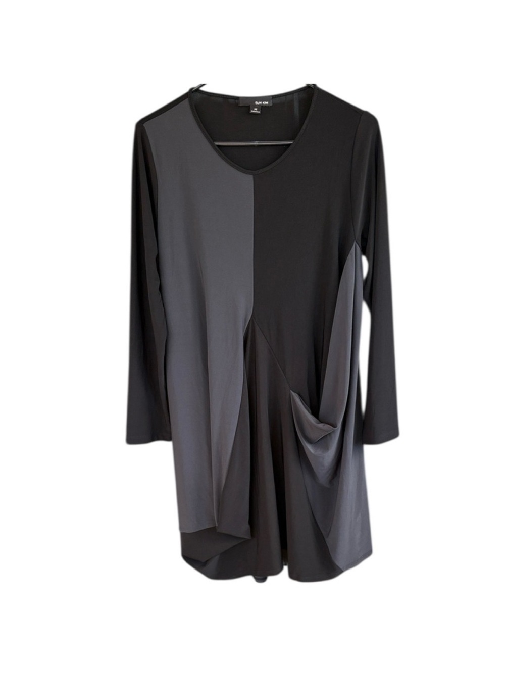 EUC Sun Kim Two Tone Colorblock Lagenlook Draped Tunic Dress Black
Grey Medium